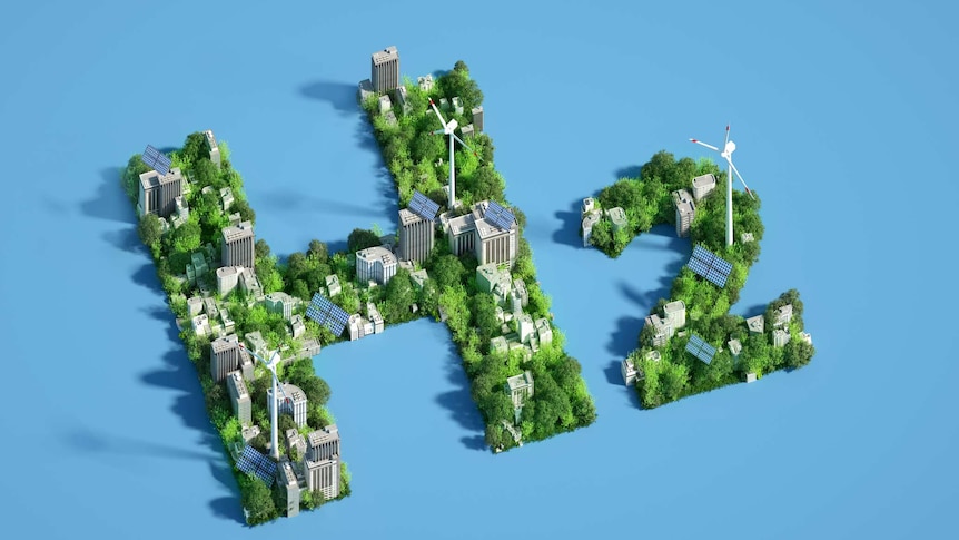 A graphic of a 3D city covered with buildings and green trees in the shape of the text  H2