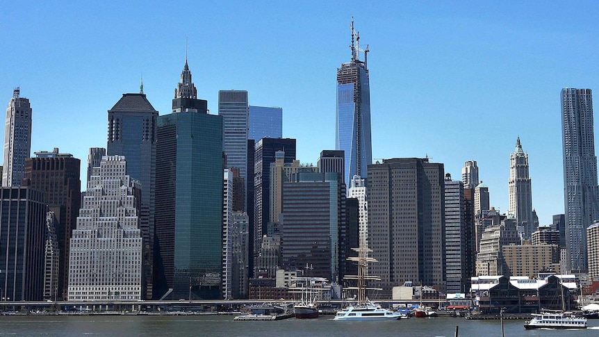 The 125-metre spire sits on a temporary platform atop the One World Trade Centre.