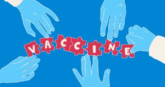 A graphic of hands piecing together a puzzle that has the word vaccine on it