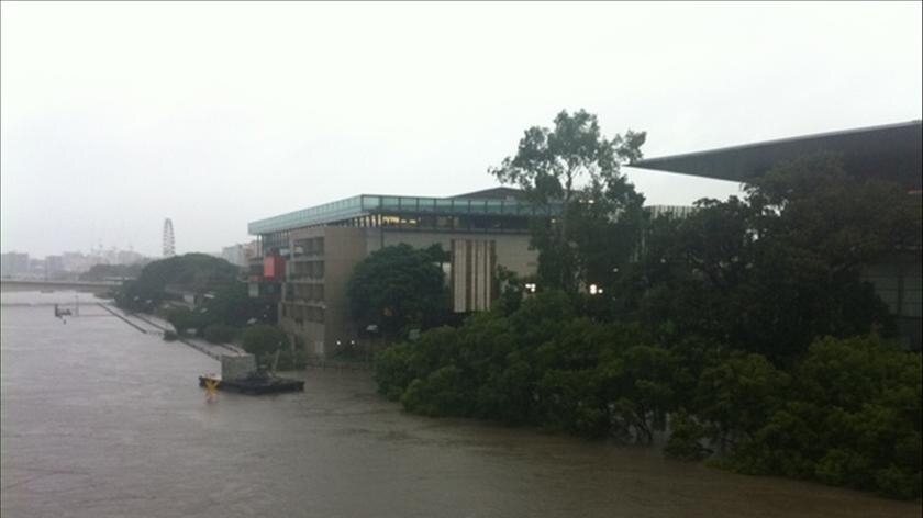 The cultural precinct boardwalk is covered by water.