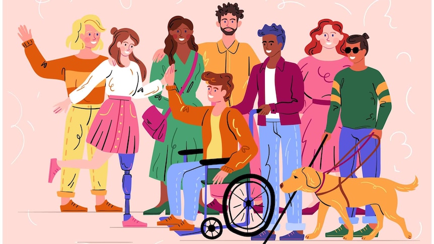 colourful cartoon image of happy diverse people, including young man in wheelchair and another young man with a guide dog.