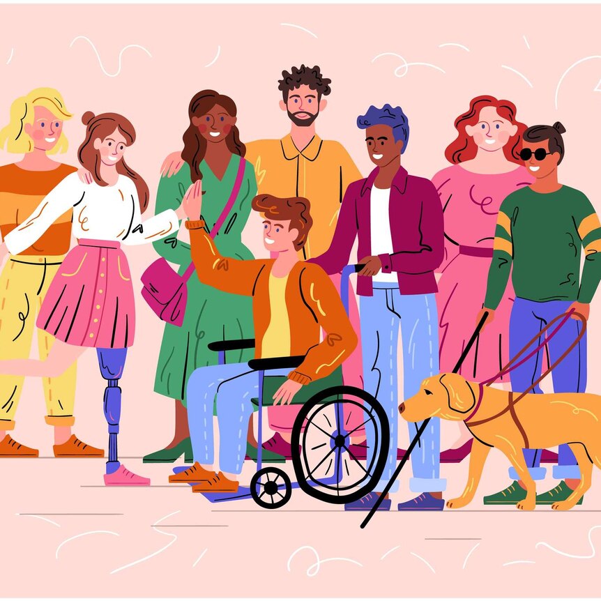 colourful cartoon image of happy diverse people, including young man in wheelchair and another young man with a guide dog.