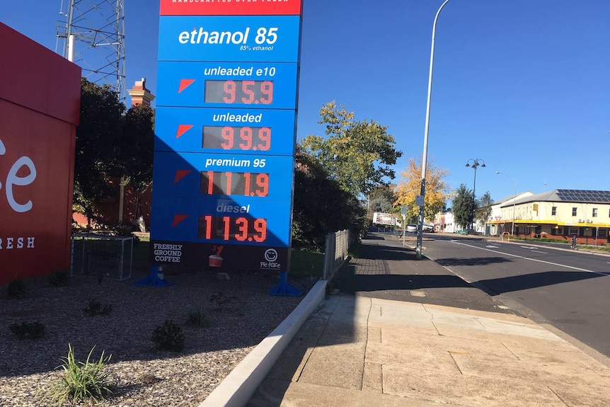 A petrol stations sign showing prices of fuel.