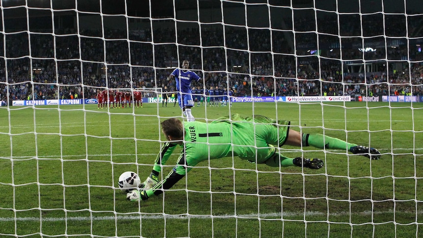 Bayern Munich keeper Manuel Neuer saves Romelu Lukaku's penalty for Chelsea at the UEFA Super Cup.