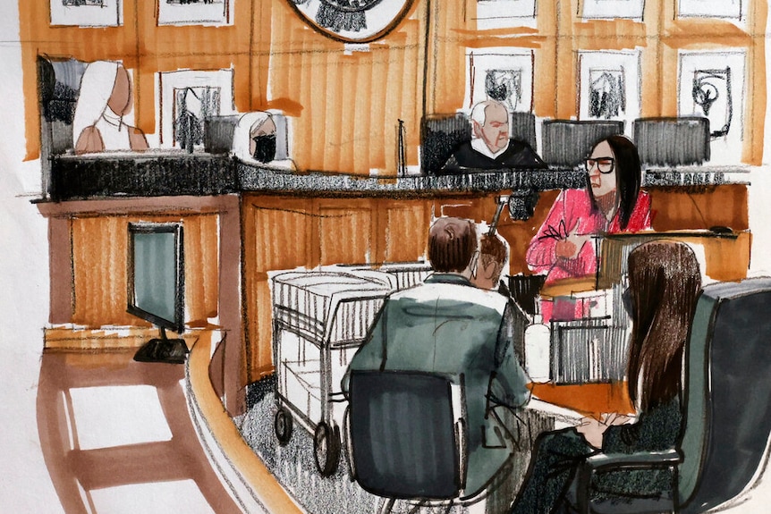 A courtroom artist's sketch of a woman who goes by pseudonym “Jane",