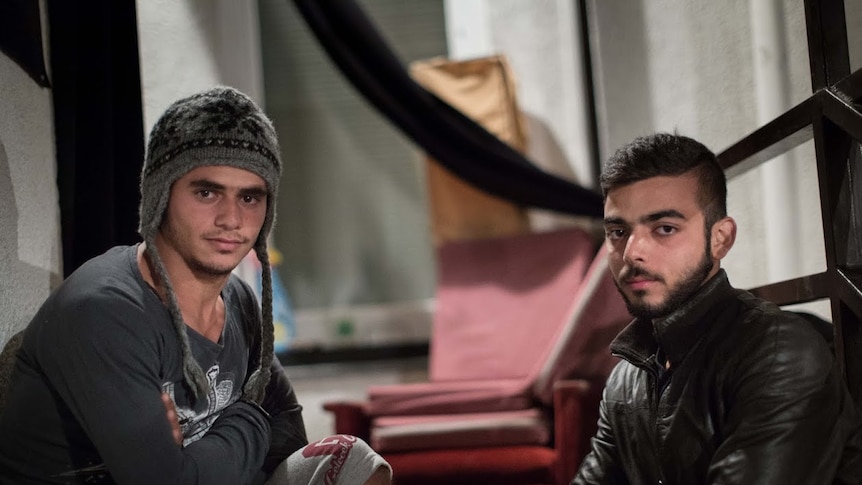 Moaiad Alawy and a friend in a shelter in Budapest
