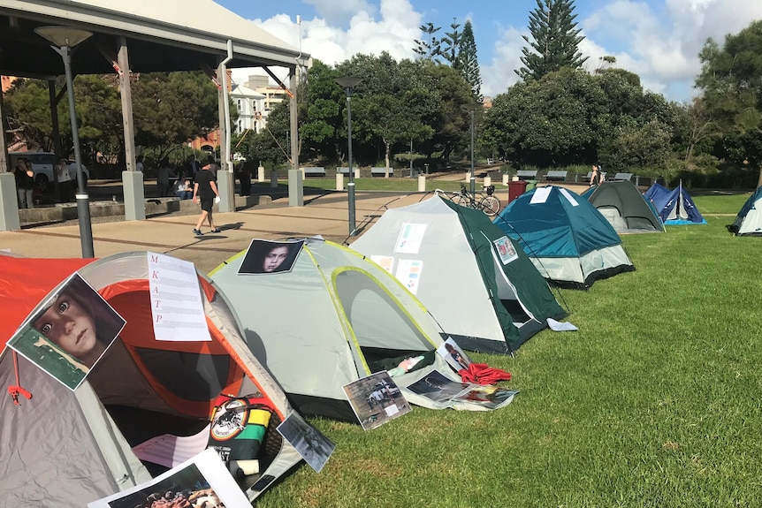 A row of tents at a rally, highlighting homelessness