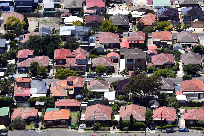 an aerial view of roof tops