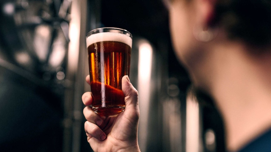 A man holds up a glass of beer against a backdrop of metal brewing vats.