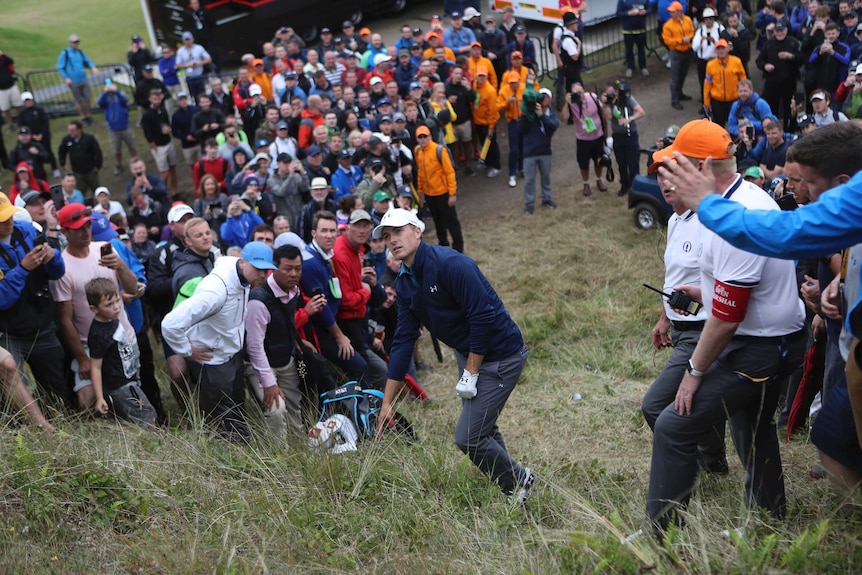 Jordan Spieth climbs the hill at the 13th hole at British Open