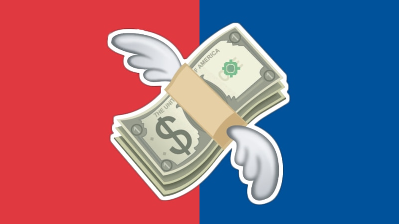 A cartoon image of money, with wings.