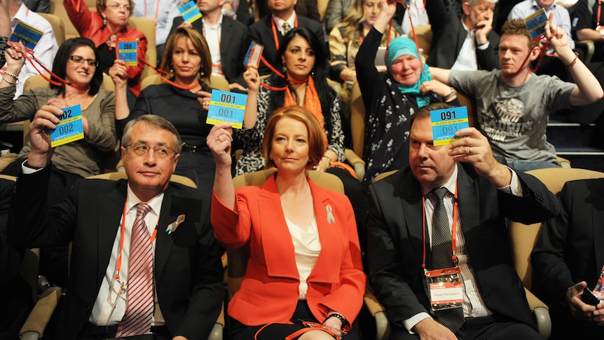 Julia Gillard, Wayne Swan and Robert McLelland at ALP Conference, 2011. (AAP: Dean Lewins)