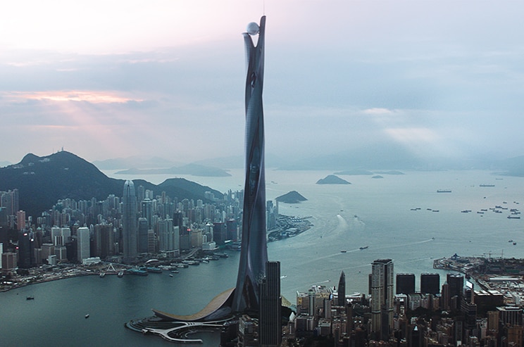Colour still image from 2018 film Skyscraper of futuristic fictional skyscraper The Pearl on the harbour's edge in Hong Kong.