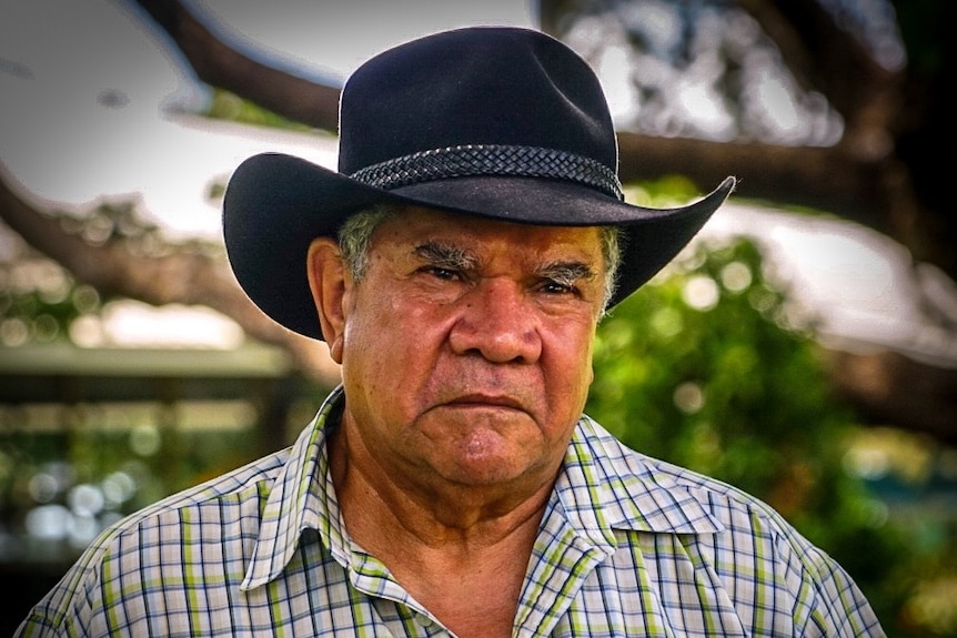 A man in a black hat stands in a park.