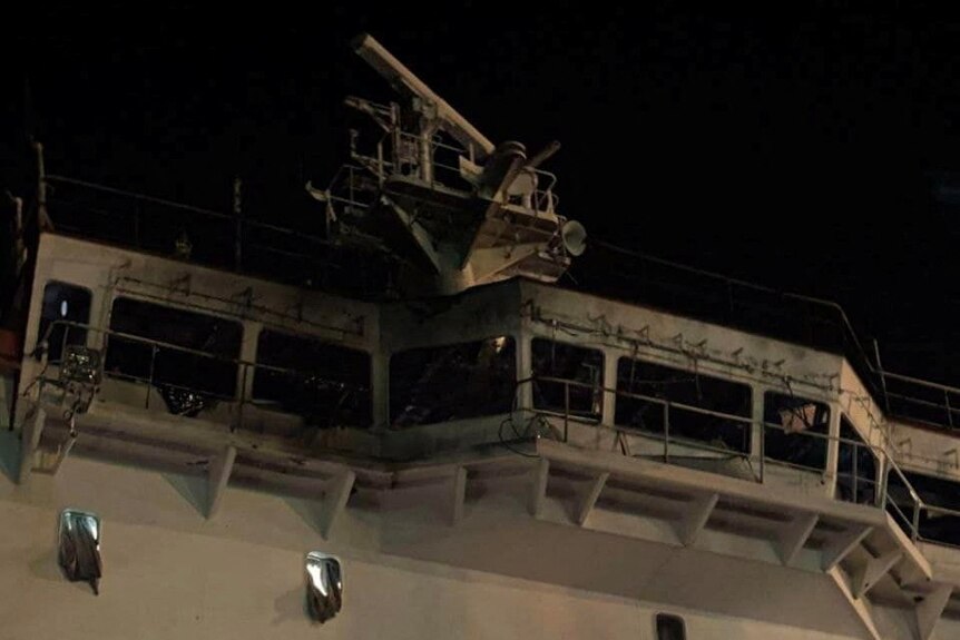 A view shows Liberia-flagged cargo vessel Kmax Ruler damaged by a Russian missile strike.
