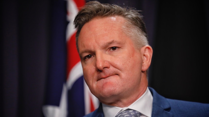 A close shot of Bowen's face, looking serious, an Australian flag and blue curtain wall behind him.