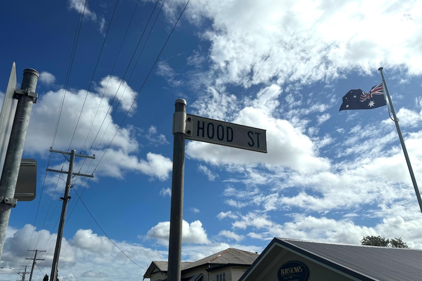 A sign that reads "Hood St" in a suburban area.