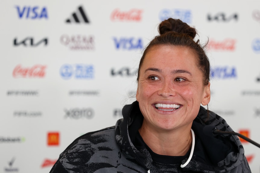 A New Zealand female footballer speaks to the media in New Zealand ahead of the 2023 World Cup.