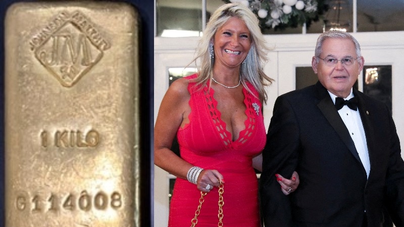 On the left, a gold bar. On the right, Bob Menendez is dressed in a tuxedo, Nadine Menendez in a red dress.