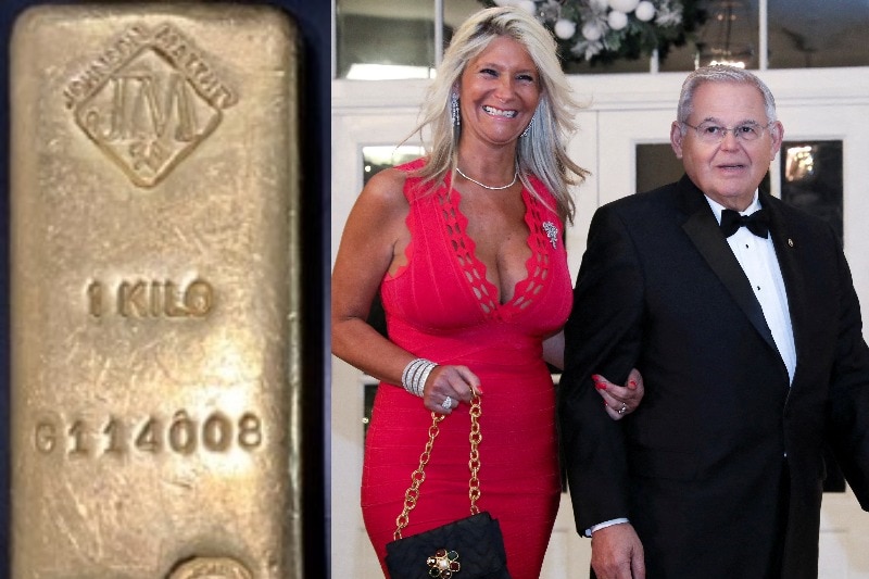 On the left, a gold bar. On the right, Bob Menendez is dressed in a tuxedo, Nadine Menendez in a red dress.