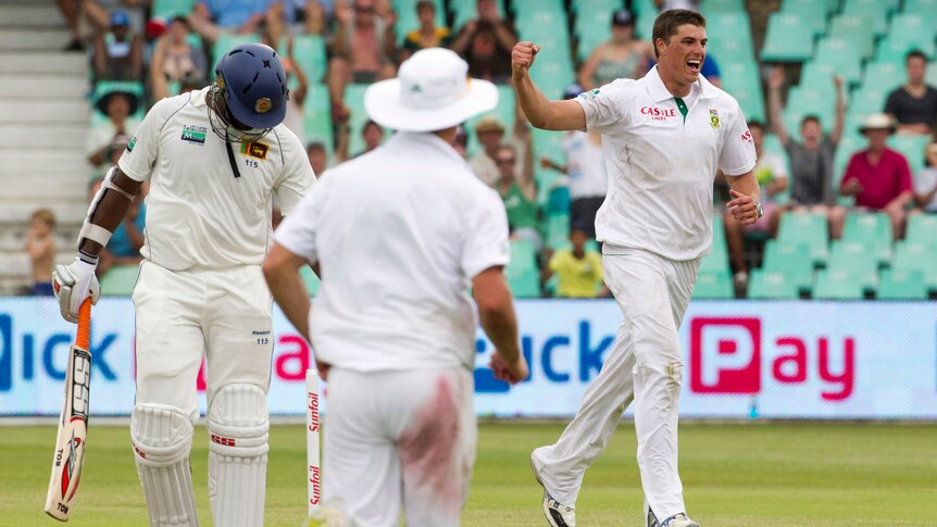 South Africa's Marchant de Lange celebrates the wicket of Sri Lanka's Thisara Perera