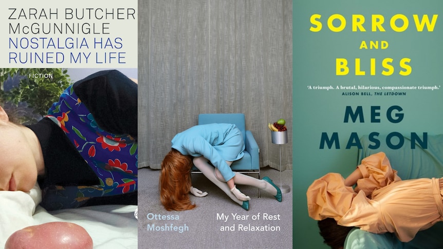 Three side by side book covers all featuring women lying down with their faces covered looking sad
