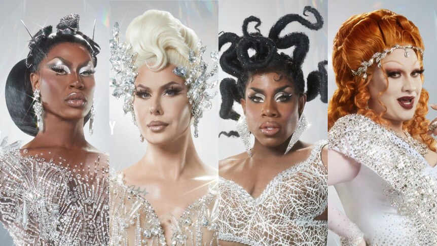 A four-way composite shows drag queens kitted out in silver sparkling elegance