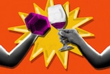 Illustration of two arms, one holding a weight and the other holding wine