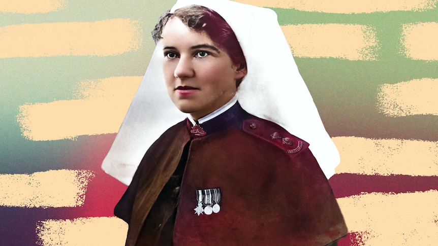 Falsly coloured old photograph of Elizabeth in a nurses uniform with three medals pinned to the cloak.