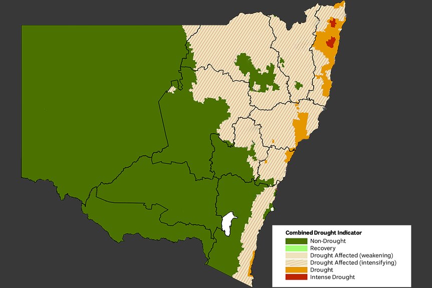 A map of NSW with a green colour for most of the inland areas but cream and orange colours closer to the coast, meaning drought