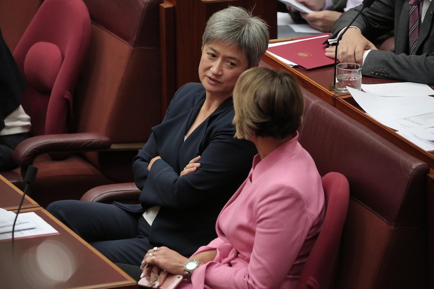 Penny Wong and Kristina Keneally talk while sitting next to each other in the Senate