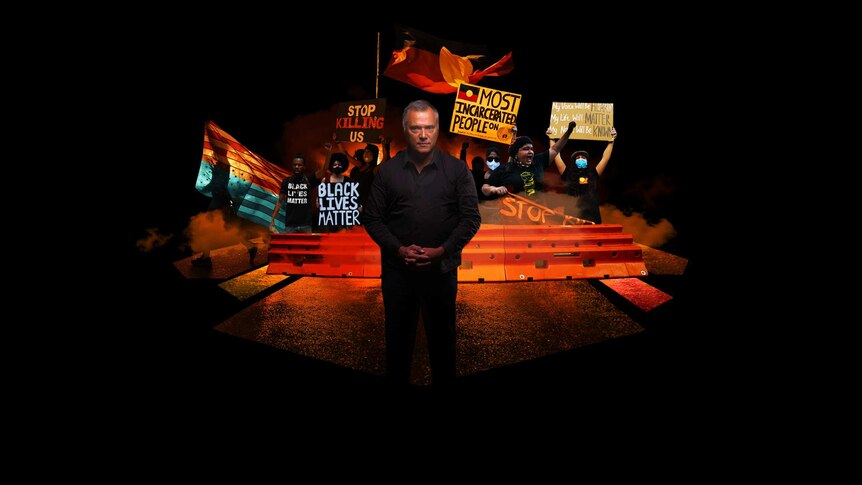 Stan Grant in front of black lives matter protesters