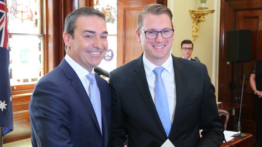 Steven Marshall shaking hands with Stephan Knoll on the day his new Government is sworn in, March 22, 2018.