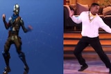 A Fortnite game character, left, is seen striking the same dance pose as Alfonso Ribeiro, right, in video still.