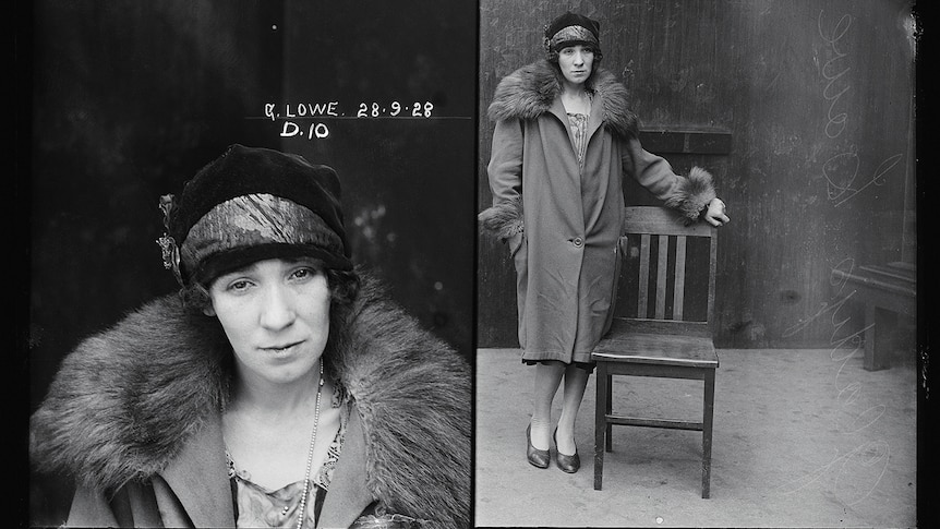 Side by side 1929 black and white mug shots of Gladys Lowe. Close up of Gladys face with hat and Gladys leaning on chair.