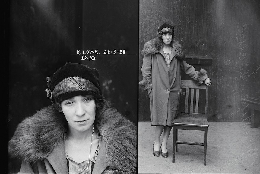Side by side 1929 black and white mug shots of Gladys Lowe.  Closeup of Gladys face with hat and Gladys leaning on chair.