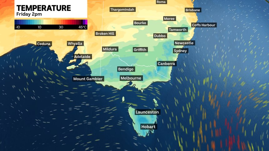 Map of Australia with temperature for Friday at 2pm