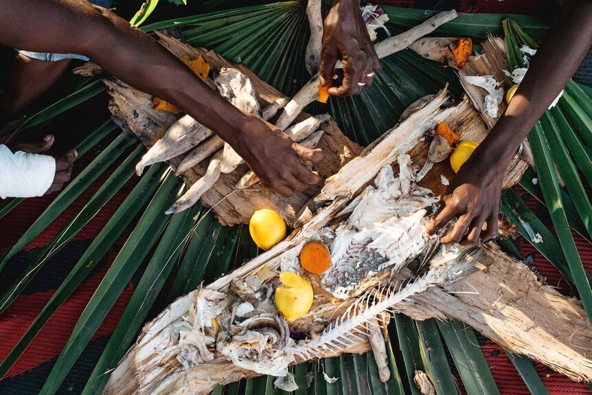 Bones of a fish that has been eaten as part of a traditional Indigenous meal