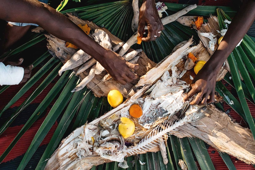 Bones of a fish that has been eaten as part of a traditional Indigenous meal