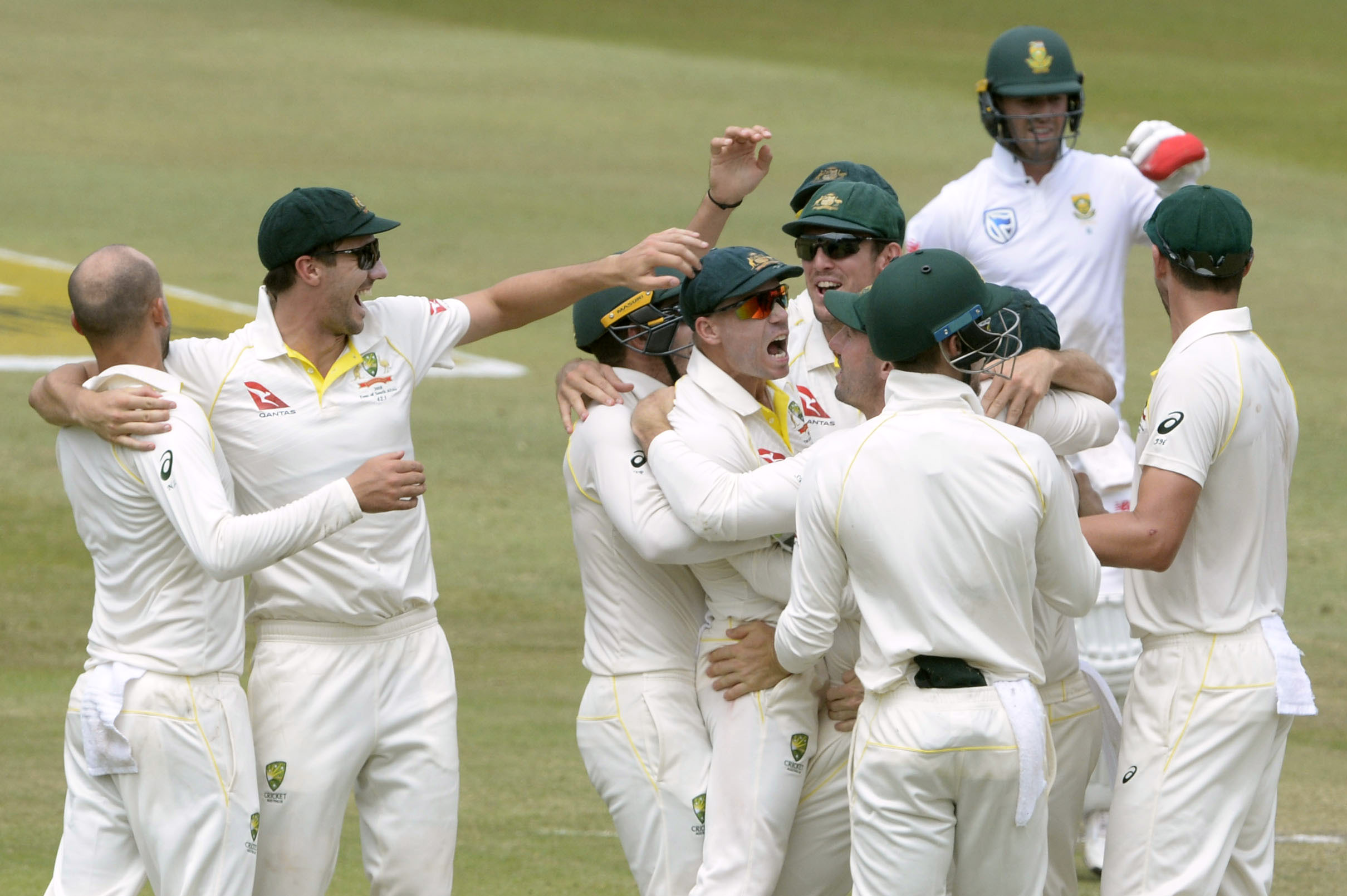David Warner screams in a huddle