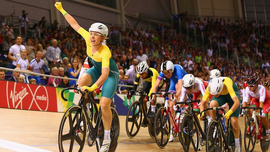 Australia's Annette Edmondson crosses the line to win gold in the women's 10km scratch race