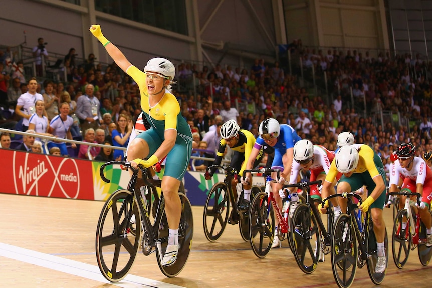 Australia's Annette Edmondson crosses the line to win gold in the women's 10km scratch race