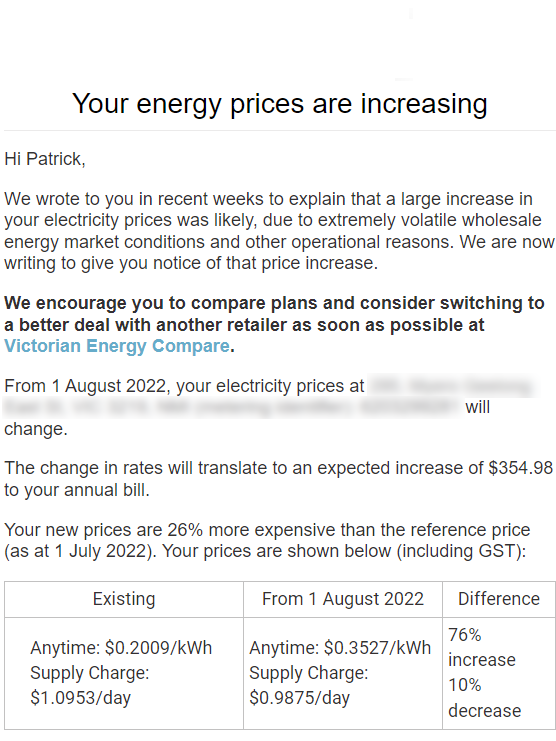 An energy price increase notice from a retailer in Victoria.