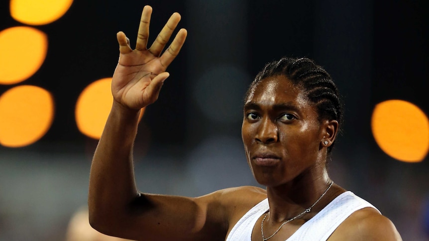 Caster Semenya reacts after winning the women's 1500 metres at the Qatar Diamond League in May 2018.