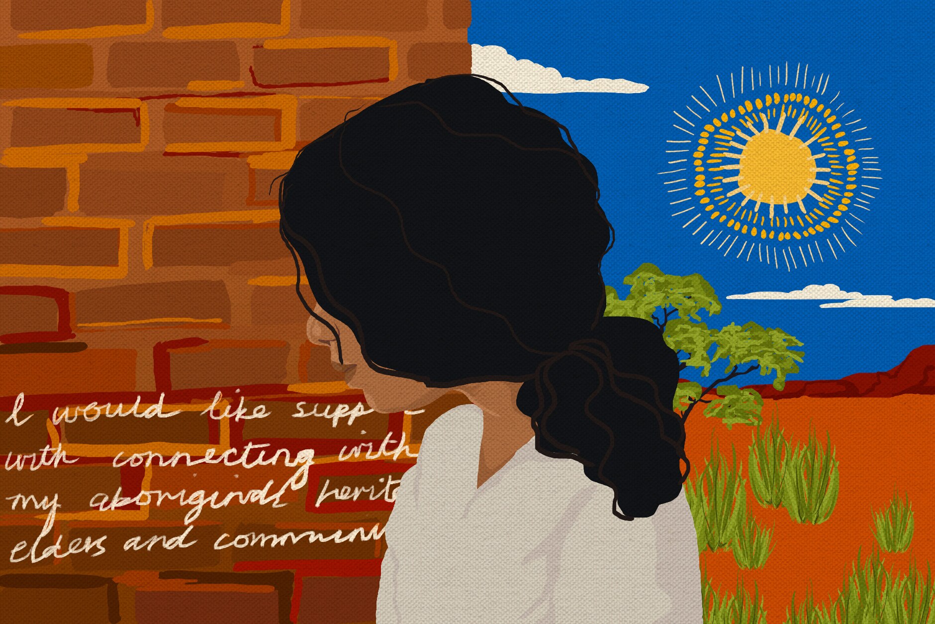 An illustration of the profile of an aboriginal girl, with a red brick wall and sun in the background