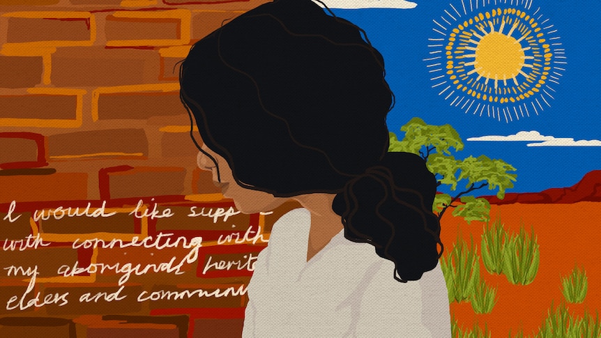 An illustration of the profile of an aboriginal girl, with a red brick wall and sun in the background