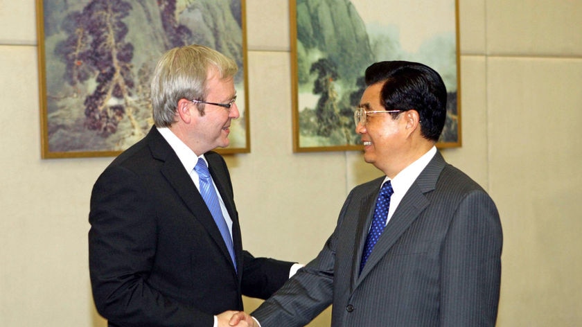 Homecoming...Mr Rudd spent an hour with Chinese President Hu Jintao this morning.
