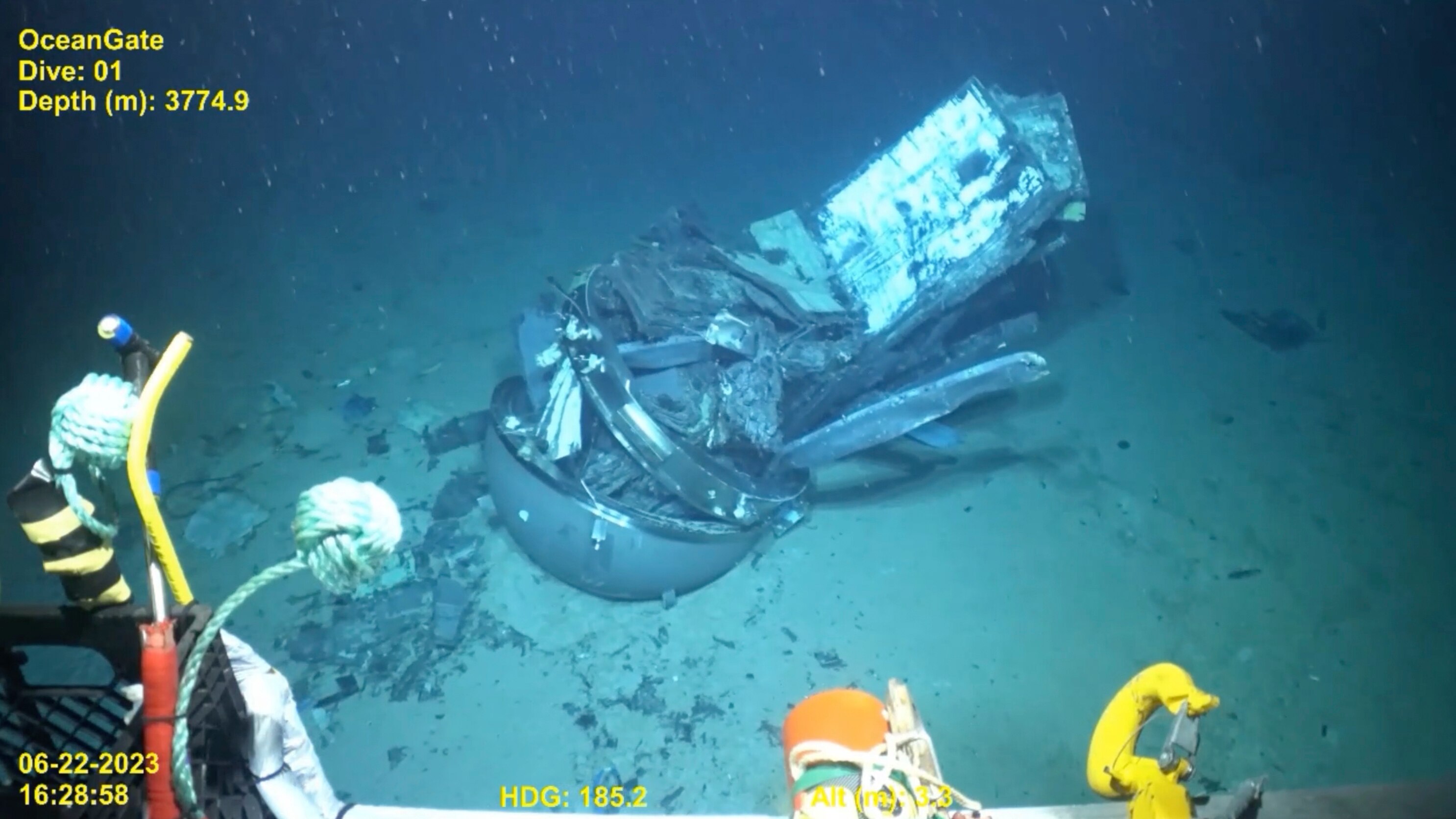 Still from video shows remains of the Titan submersible. 