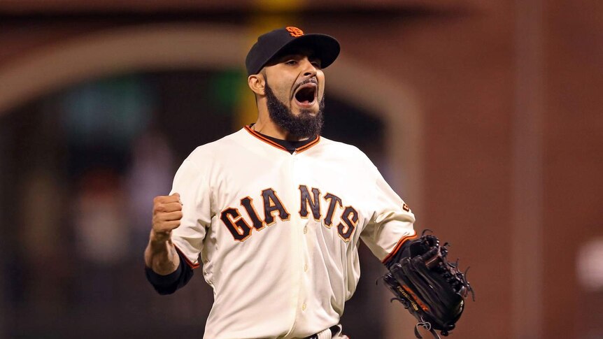 San Francisco's Sergio Romo celebrates getting the final out in game two of the World Series.