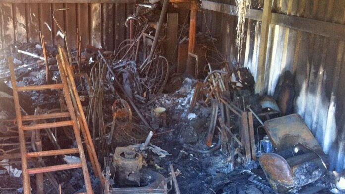 The burnt out interior of Stewart's shed